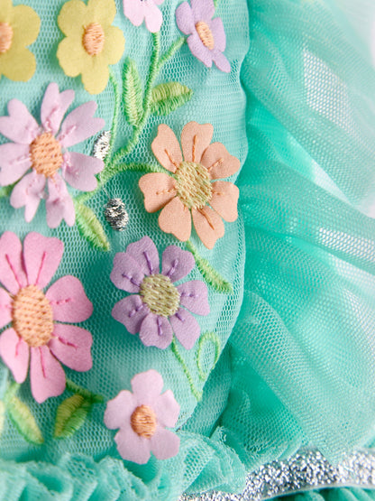 JoJo Maman Bébé Light Green Floral Ruffle Tulle Appliqué Party Dress image 4