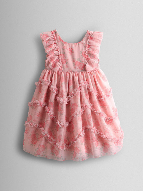 Dsiney Kidz - JoJo Maman Bébé Rose Pink Printed Tulle Ruffle Party Dress image 1