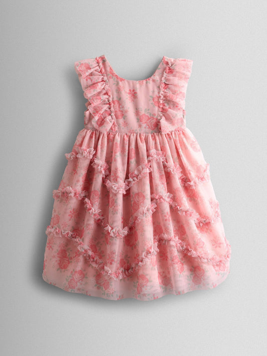 JoJo Maman Bébé Rose Pink Printed Tulle Ruffle Party Dress image 1
