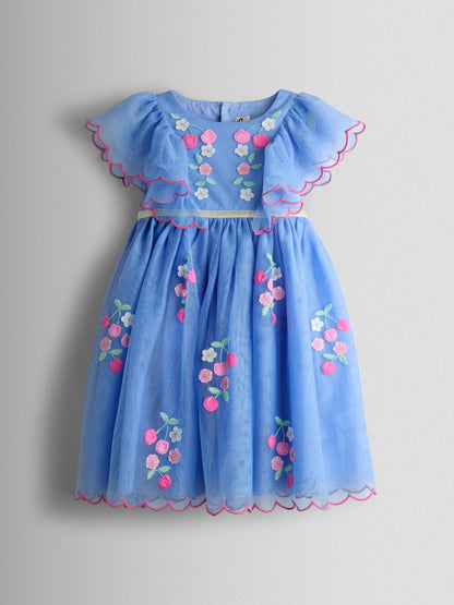 JoJo Maman Bébé Cornflower Blue Floral And Cherry Appliqué Tulle Party Dress image 1