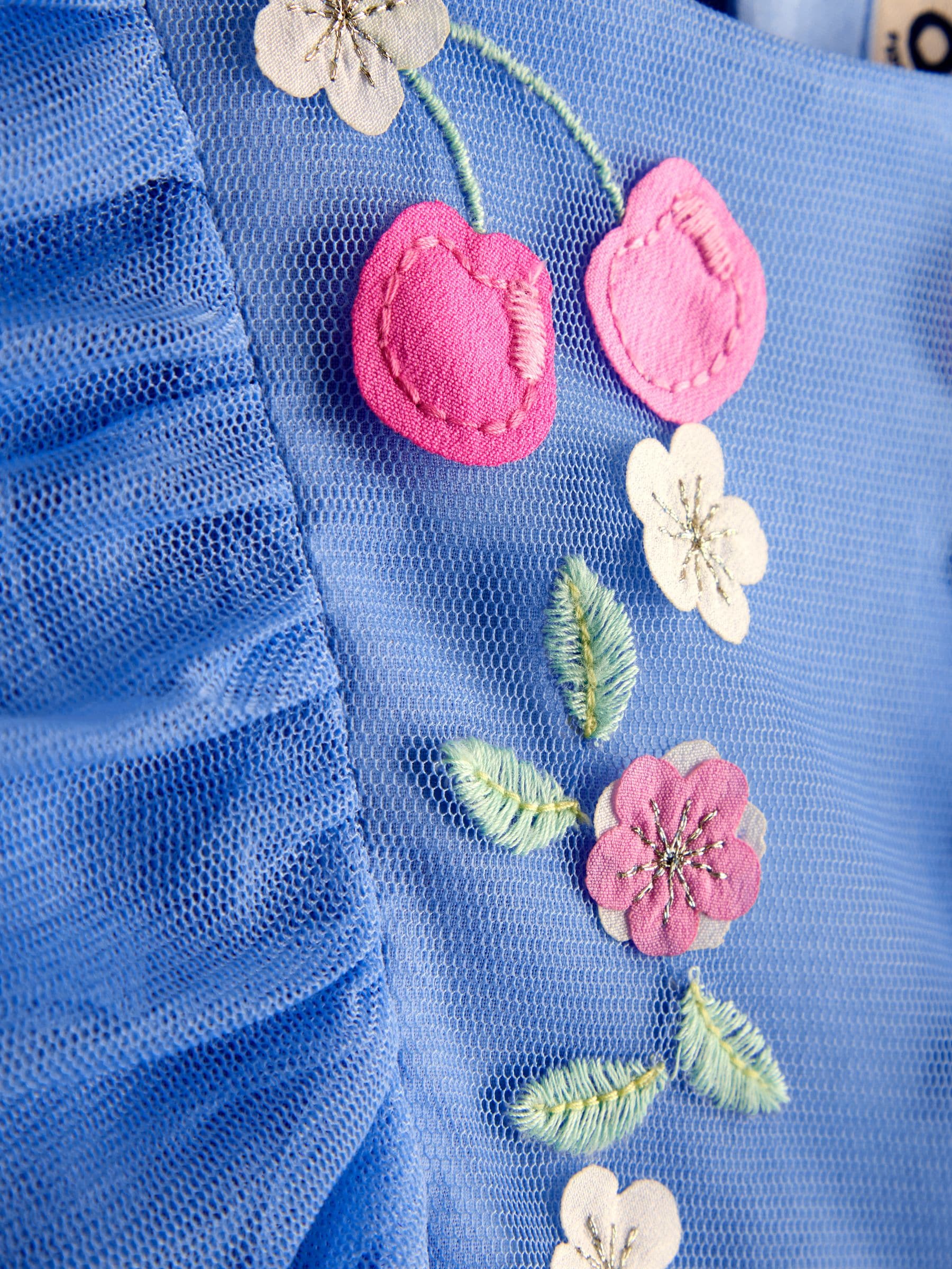 JoJo Maman Bébé Cornflower Blue Floral And Cherry Appliqué Tulle Party Dress image 3