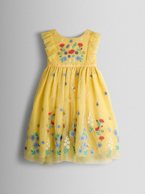 Dsiney Kidz - JoJo Maman Bébé Light Yellow Floral Ruffle Tulle Appliqué Party Dress image 1