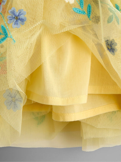 JoJo Maman Bébé Light Yellow Floral Ruffle Tulle Appliqué Party Dress image 4