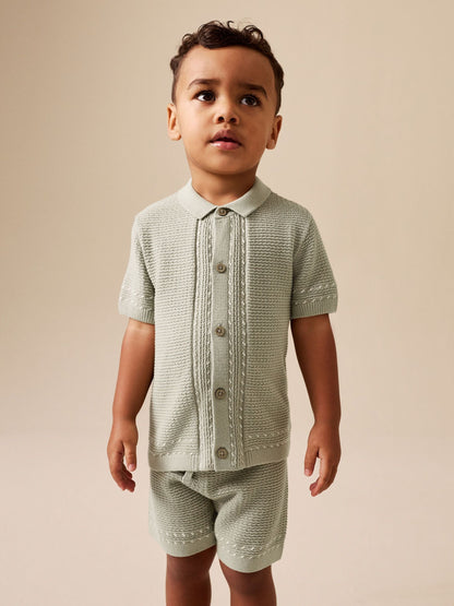 Sage Green Textured Knitted Button Through Polo Shirt and Shorts Set (3mths-10yrs) image 1