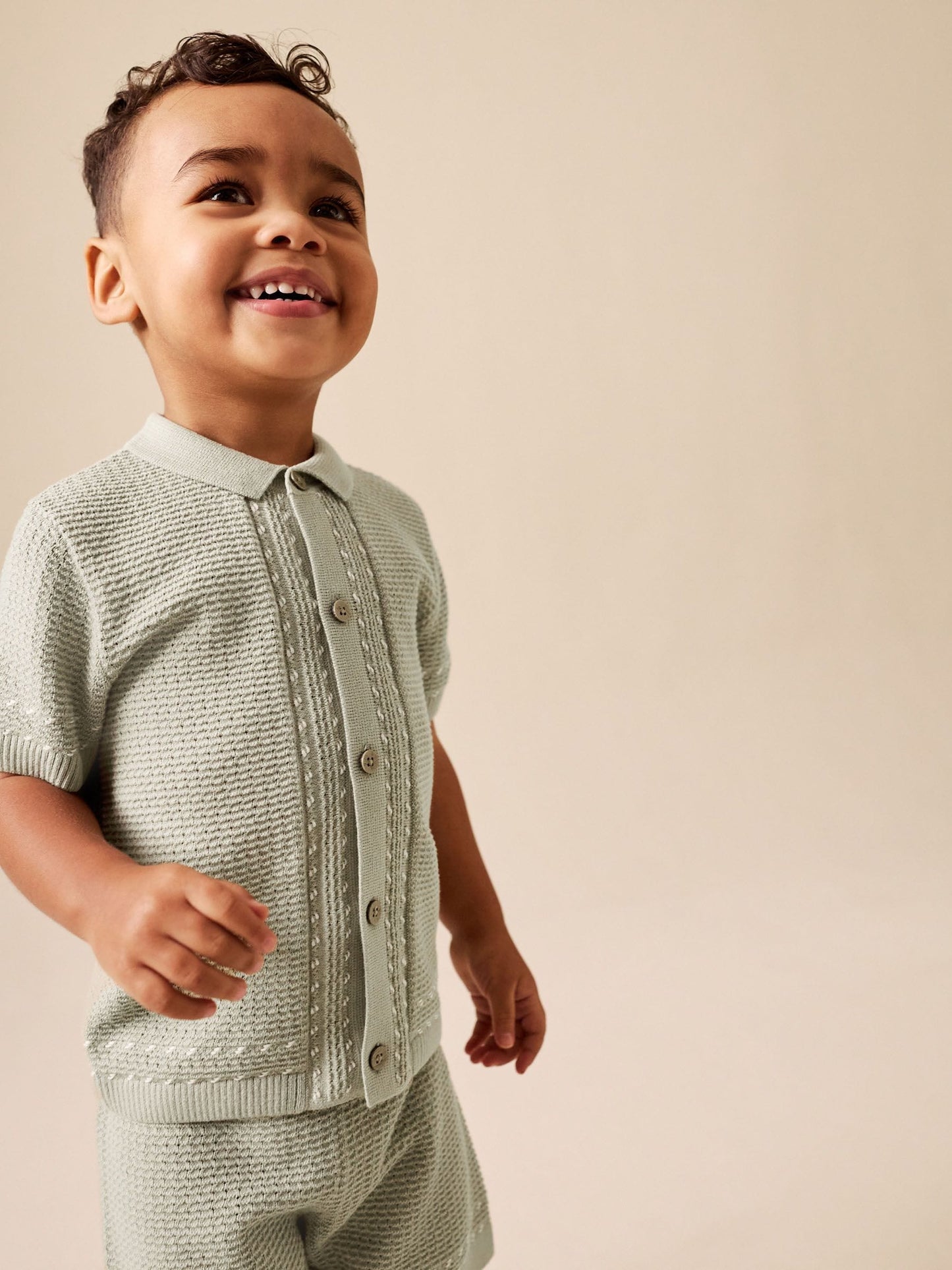 Sage Green Textured Knitted Button Through Polo Shirt and Shorts Set (3mths-10yrs) image 3