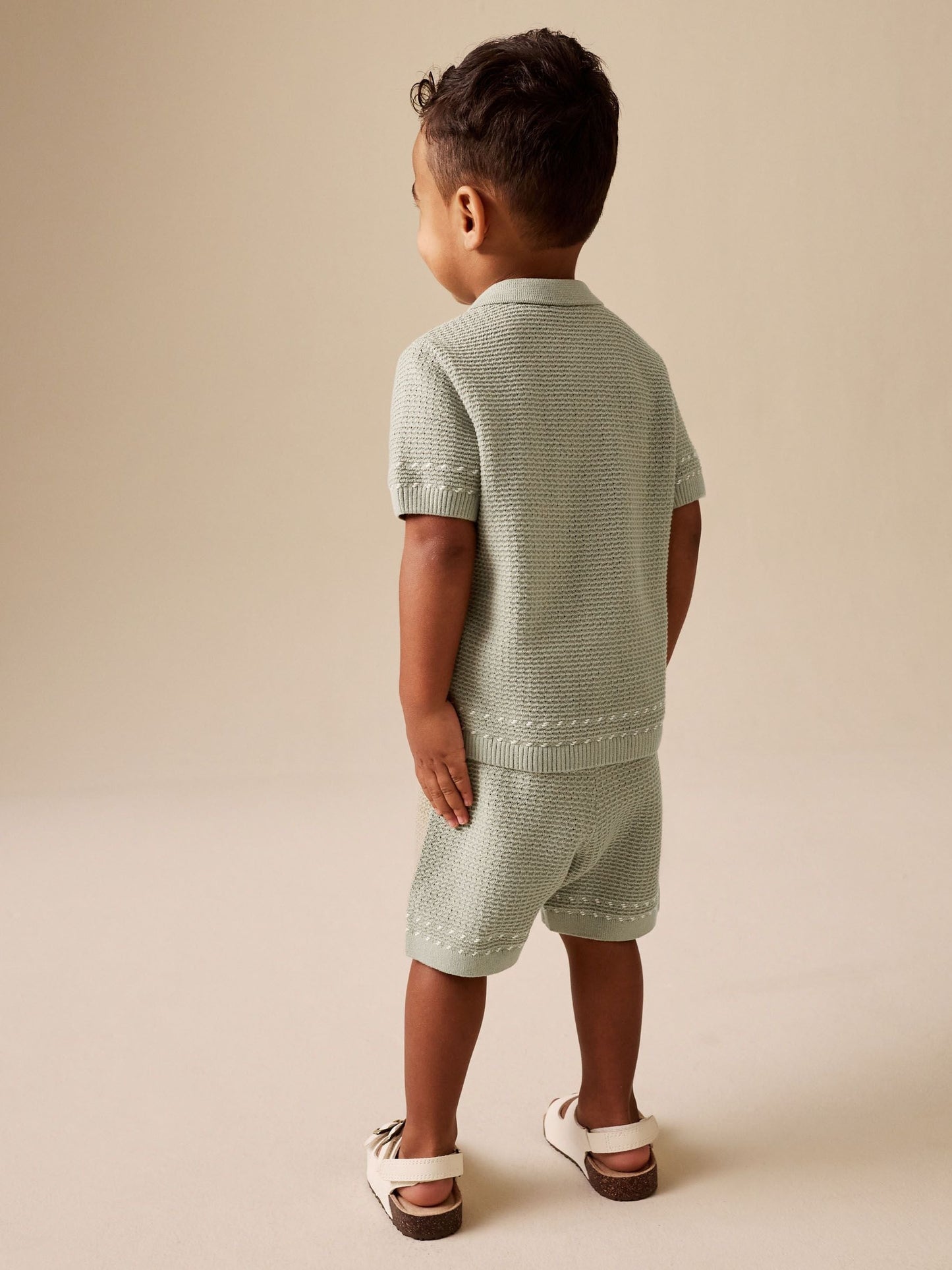 Sage Green Textured Knitted Button Through Polo Shirt and Shorts Set (3mths-10yrs) image 4