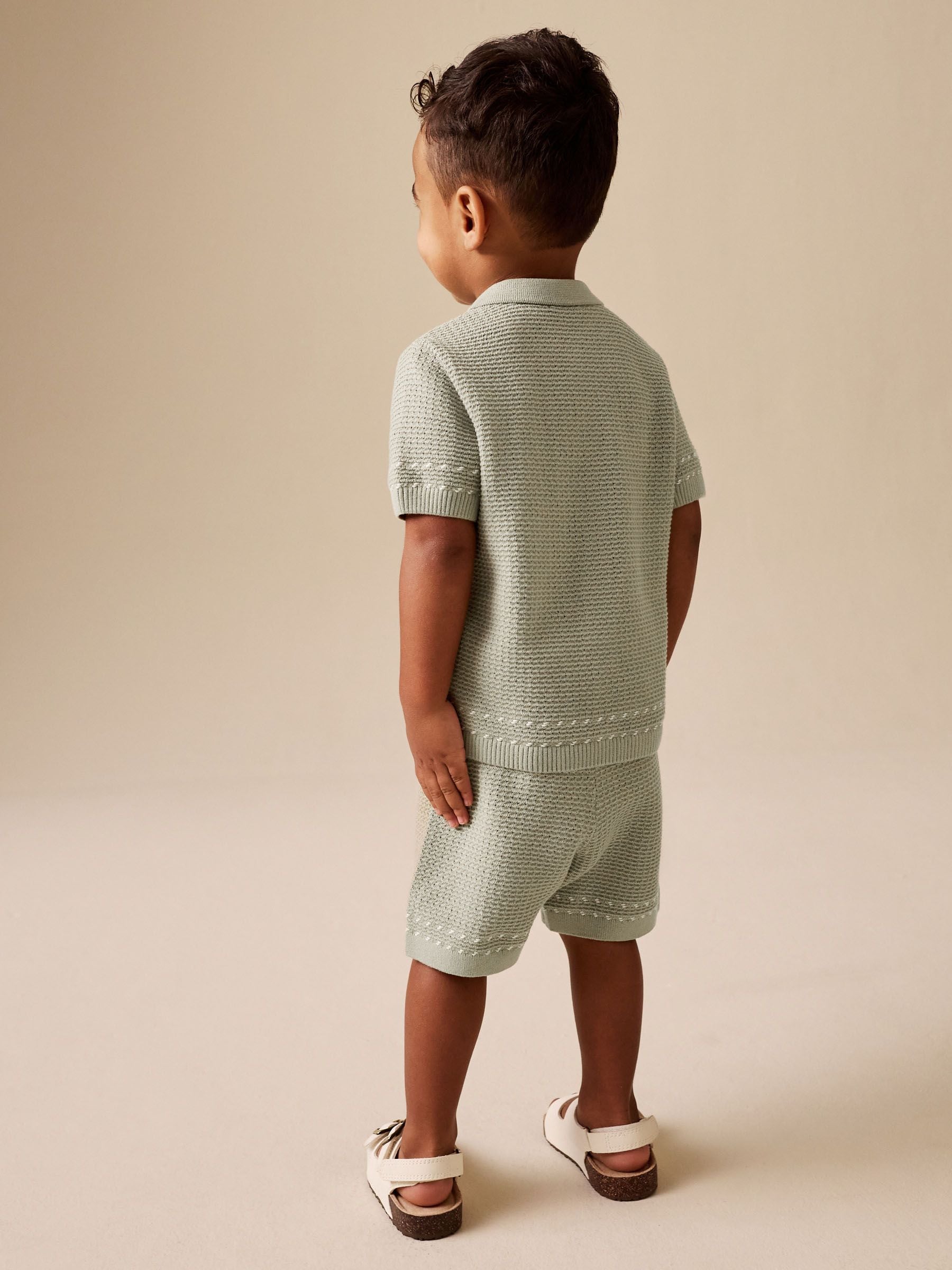 Sage Green Textured Knitted Button Through Polo Shirt and Shorts Set (3mths-10yrs) image 4