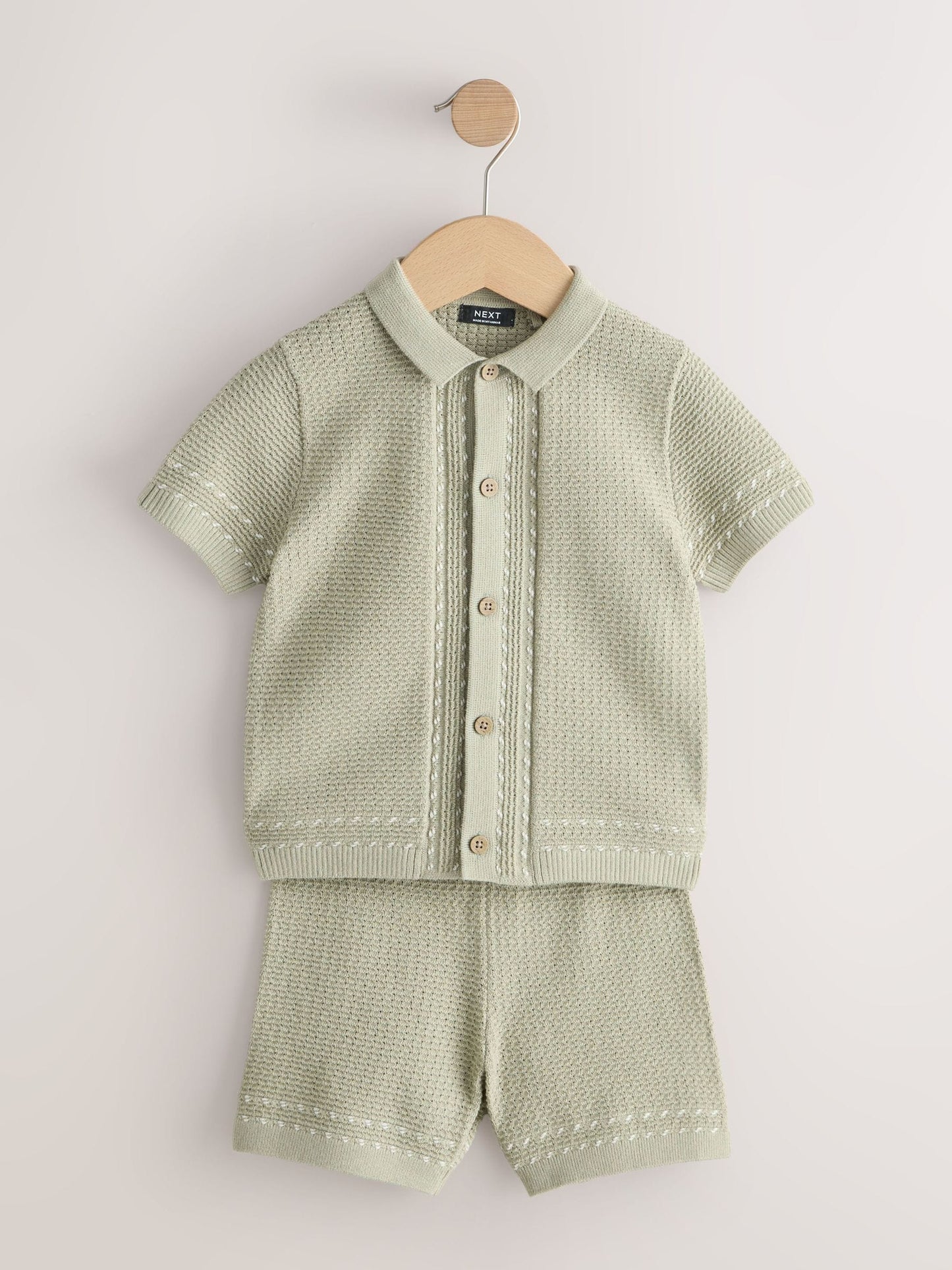 Sage Green Textured Knitted Button Through Polo Shirt and Shorts Set (3mths-10yrs) image 5