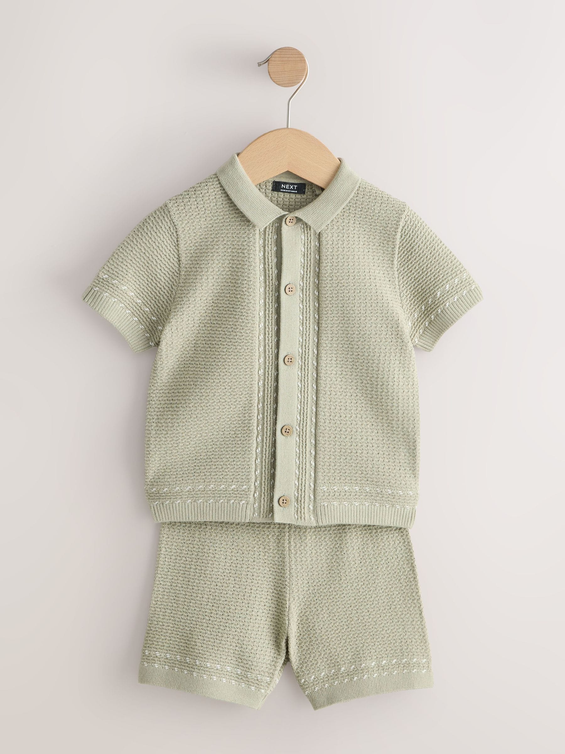 Sage Green Textured Knitted Button Through Polo Shirt and Shorts Set (3mths-10yrs) image 5