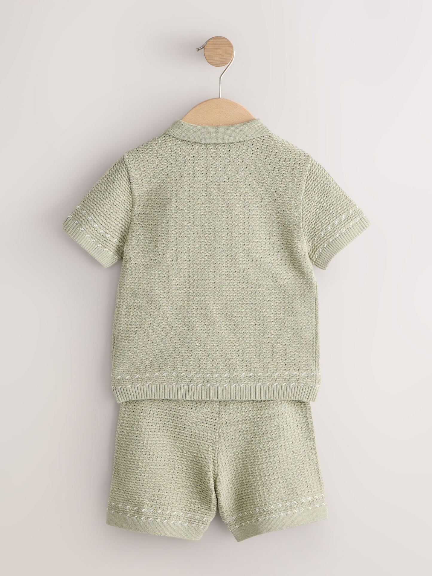 Sage Green Textured Knitted Button Through Polo Shirt and Shorts Set (3mths-10yrs) image 6