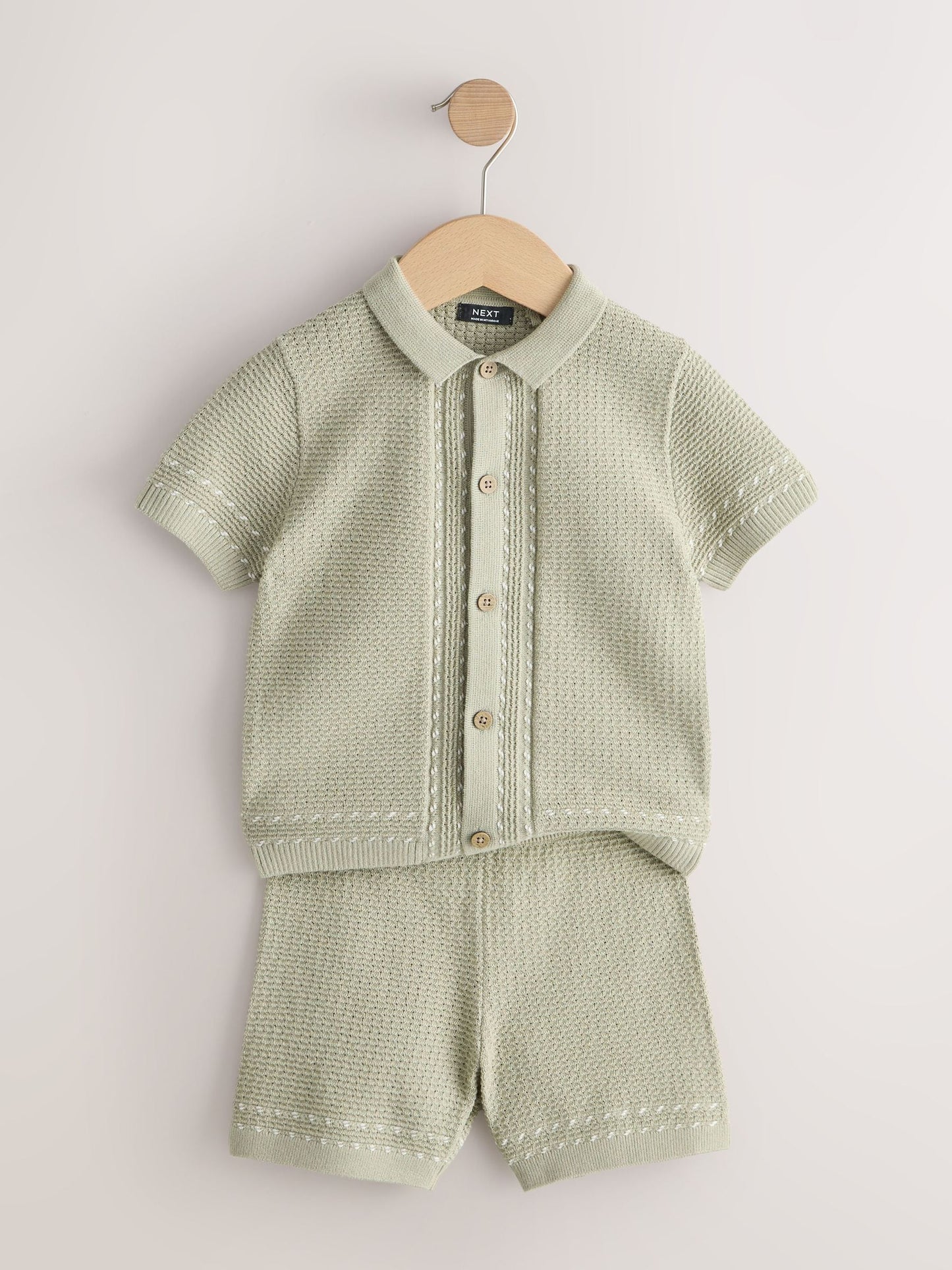 Sage Green Textured Knitted Button Through Polo Shirt and Shorts Set (3mths-10yrs) image 7