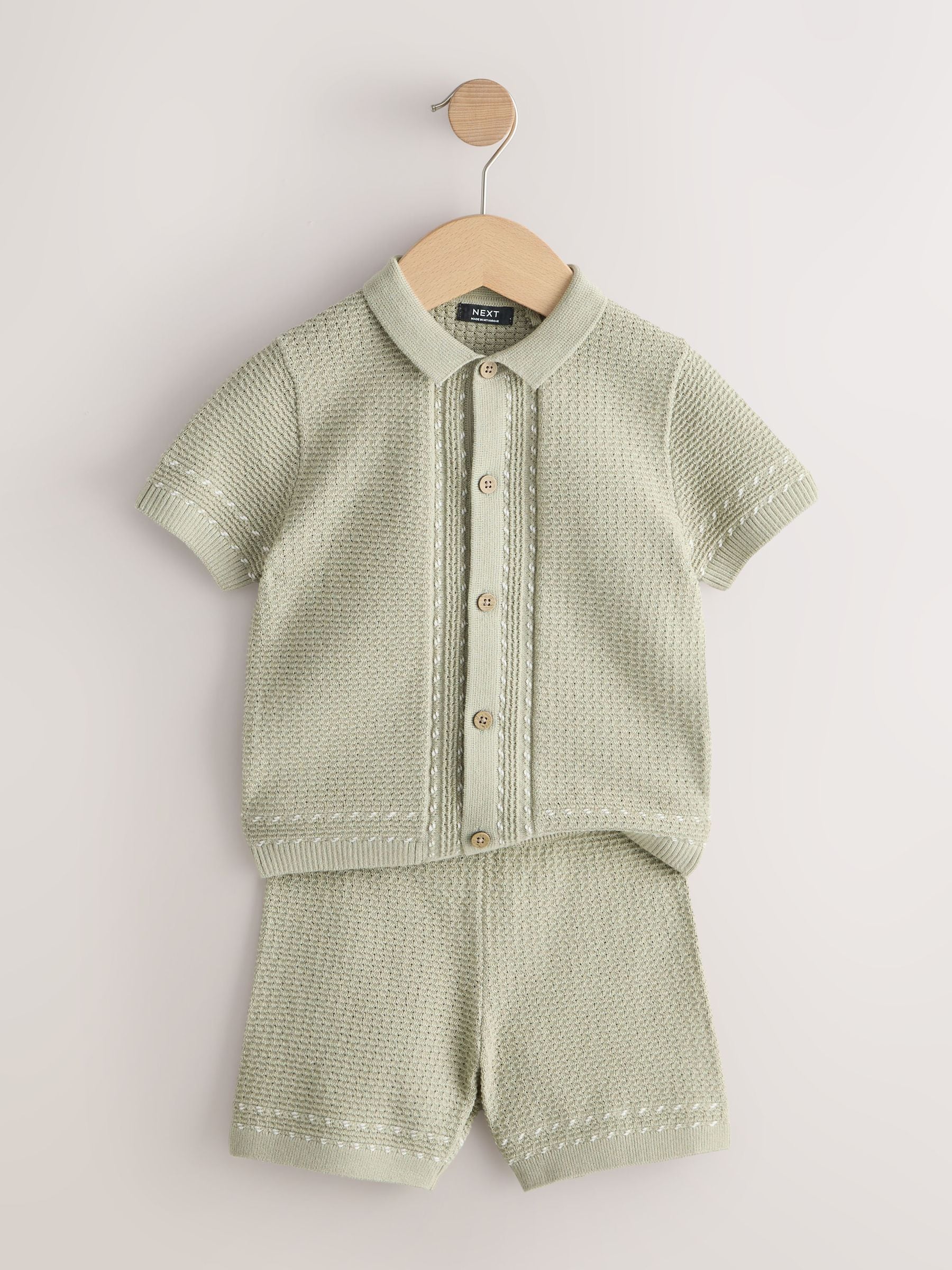 Sage Green Textured Knitted Button Through Polo Shirt and Shorts Set (3mths-10yrs) image 7