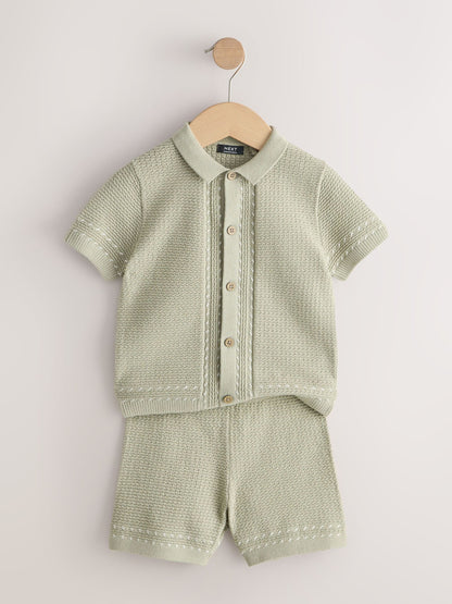 Sage Green Textured Knitted Button Through Polo Shirt and Shorts Set (3mths-10yrs) image 7