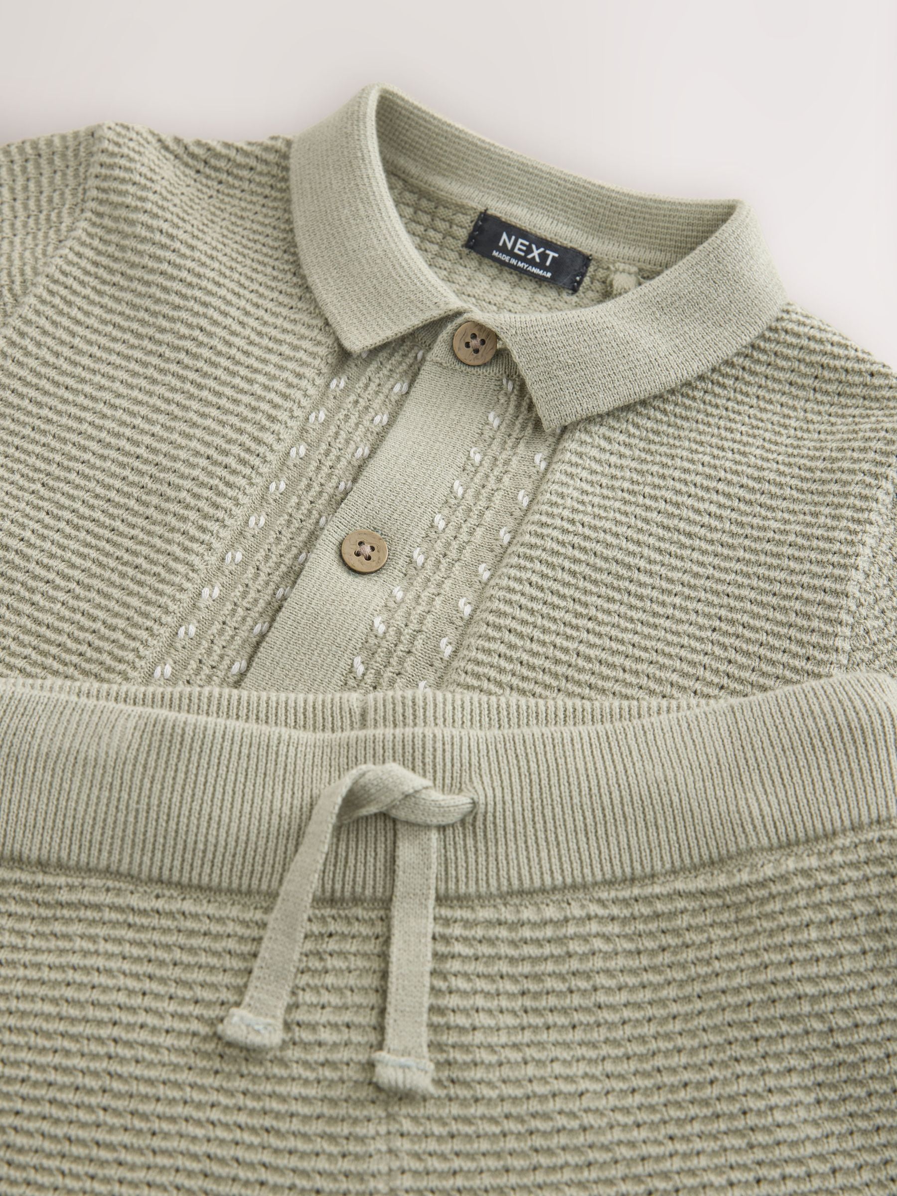 Sage Green Textured Knitted Button Through Polo Shirt and Shorts Set (3mths-10yrs) image 8