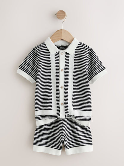 Black/White Knitted Polo Shirt and Shorts Set (3mths-10yrs) image 3