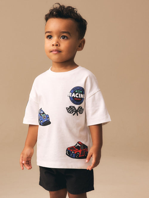 White Race Car Placement Short Sleeve Graphic T-Shirt (3mths-7yrs) image 1