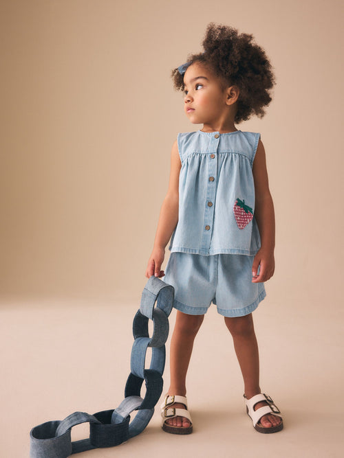 Dsiney Kidz - Strawberry Embroidered Denim Blouse And Short Co-ord Set (3mths-8yrs) image 1