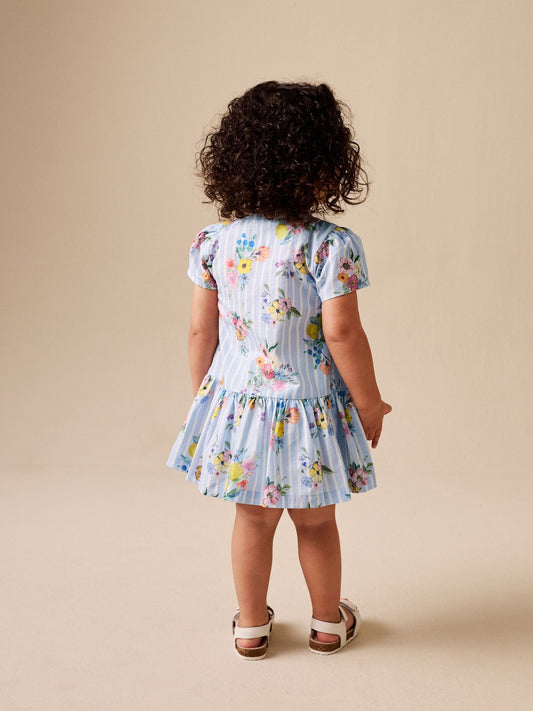 Blue/White Stripe Floral Short Sleeve Cotton Dress (3mths-8yrs) image 2