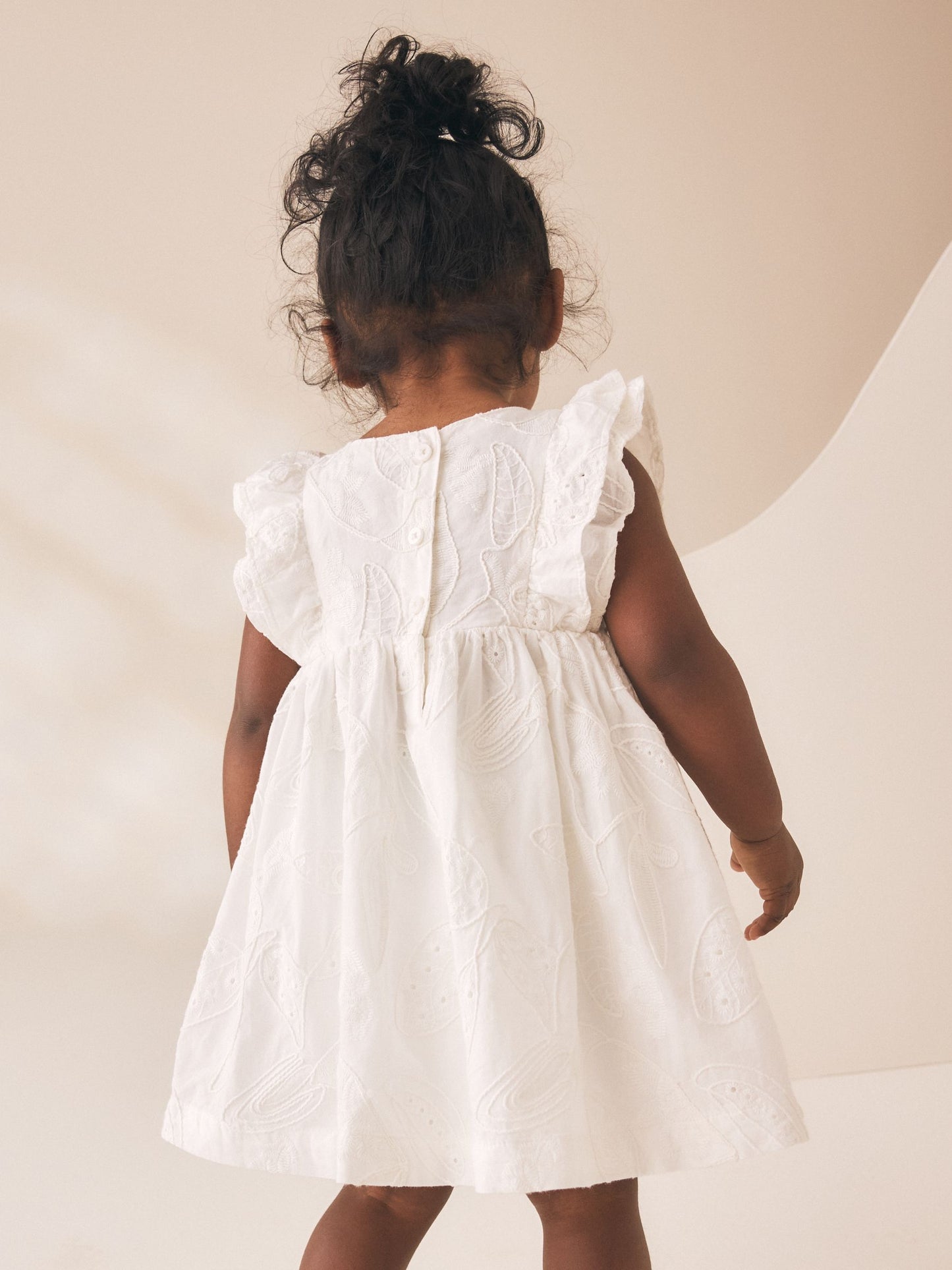 White Embroidered Linen Frill Sleeve Dress (3mths-8yrs) image 3
