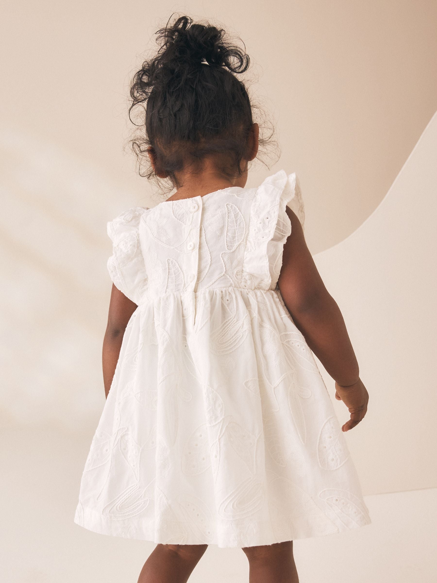 White Embroidered Linen Frill Sleeve Dress (3mths-8yrs) image 3