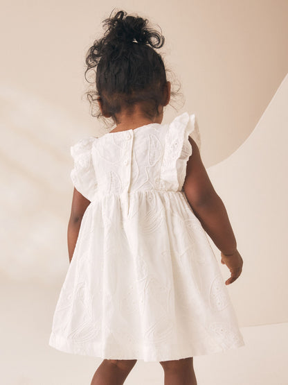 White Embroidered Linen Frill Sleeve Dress (3mths-8yrs) image 3