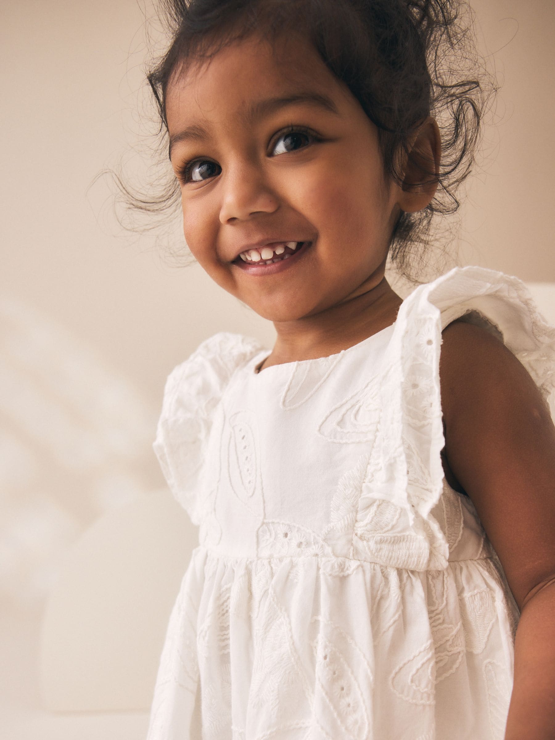 White Embroidered Linen Frill Sleeve Dress (3mths-8yrs) image 4