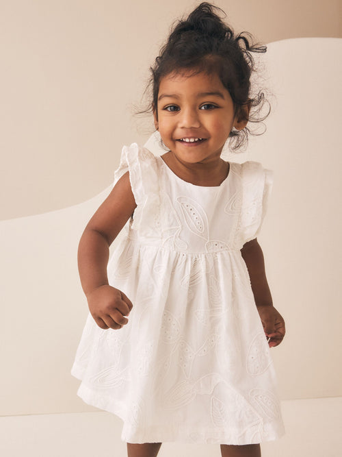 White Embroidered Linen Frill Sleeve Dress (3mths-8yrs) image 1