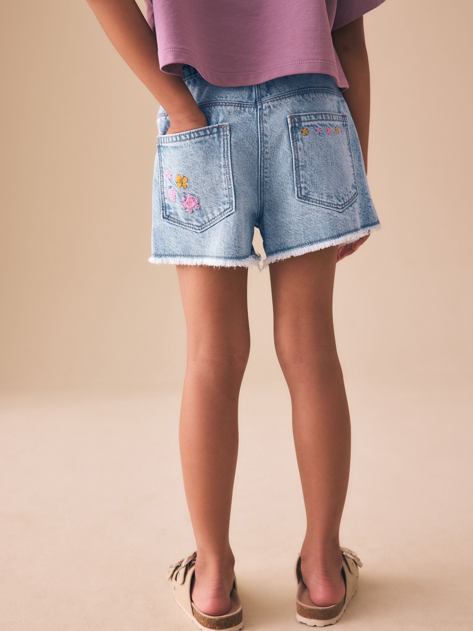 Dsiney Kidz - Mid Blue Embroidered Flowers Regular Length Frayed Edge Denim Shorts (3-16yrs) image 3
