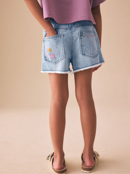 Dsiney Kidz - Mid Blue Embroidered Flowers Regular Length Frayed Edge Denim Shorts (3-16yrs) image 3