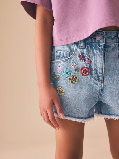 Dsiney Kidz - Mid Blue Embroidered Flowers Regular Length Frayed Edge Denim Shorts (3-16yrs) image 5