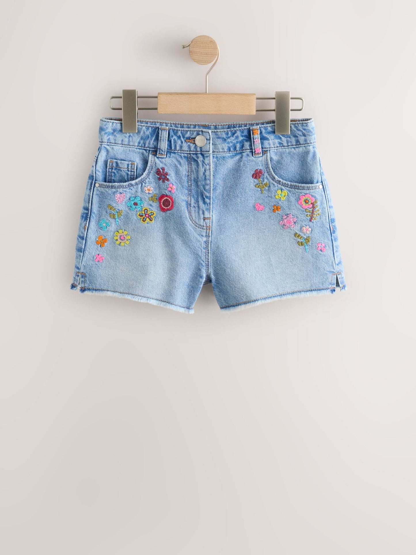 Dsiney Kidz - Mid Blue Embroidered Flowers Regular Length Frayed Edge Denim Shorts (3-16yrs) image 6