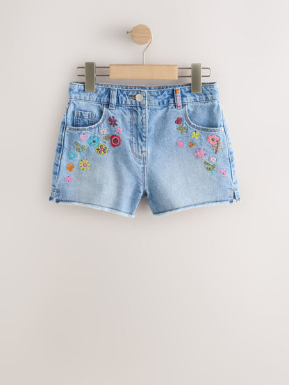 Dsiney Kidz - Mid Blue Embroidered Flowers Regular Length Frayed Edge Denim Shorts (3-16yrs) image 6