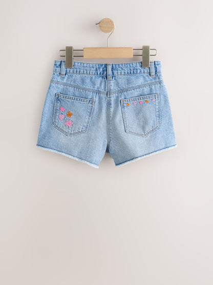 Dsiney Kidz - Mid Blue Embroidered Flowers Regular Length Frayed Edge Denim Shorts (3-16yrs) image 7