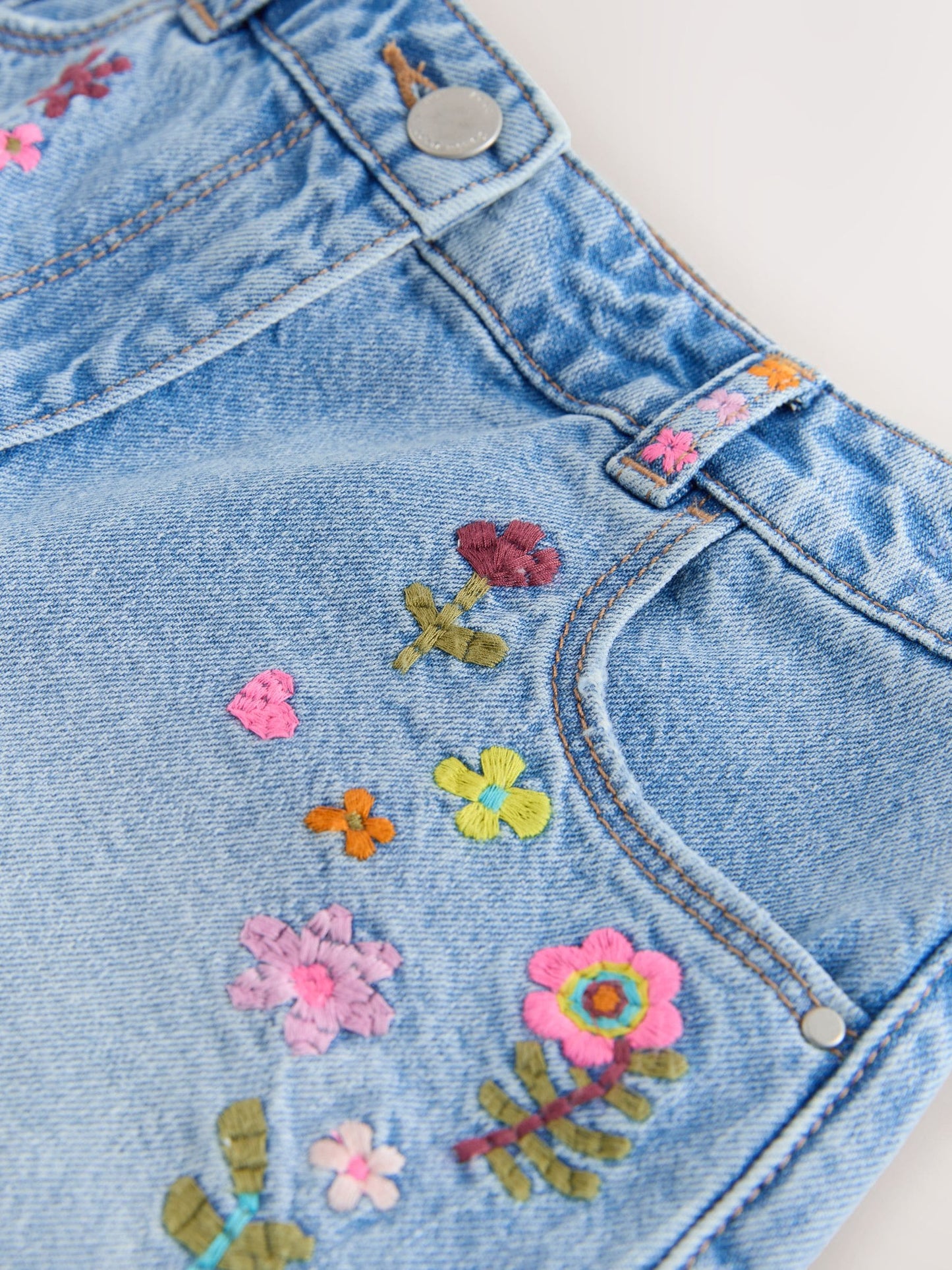 Dsiney Kidz - Mid Blue Embroidered Flowers Regular Length Frayed Edge Denim Shorts (3-16yrs) image 9