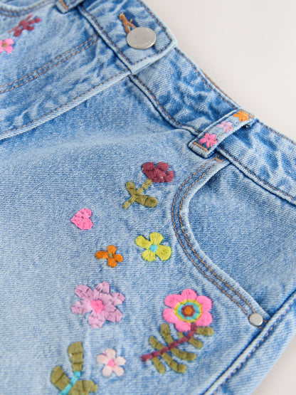 Dsiney Kidz - Mid Blue Embroidered Flowers Regular Length Frayed Edge Denim Shorts (3-16yrs) image 9