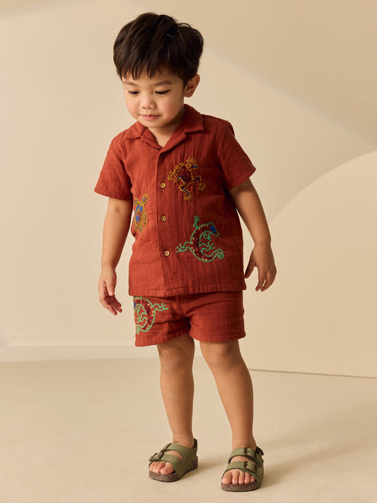 Rust Brown Ghecko Embroidery Short Sleeve Shirt & Shorts Set (3mths-10yrs) image 1