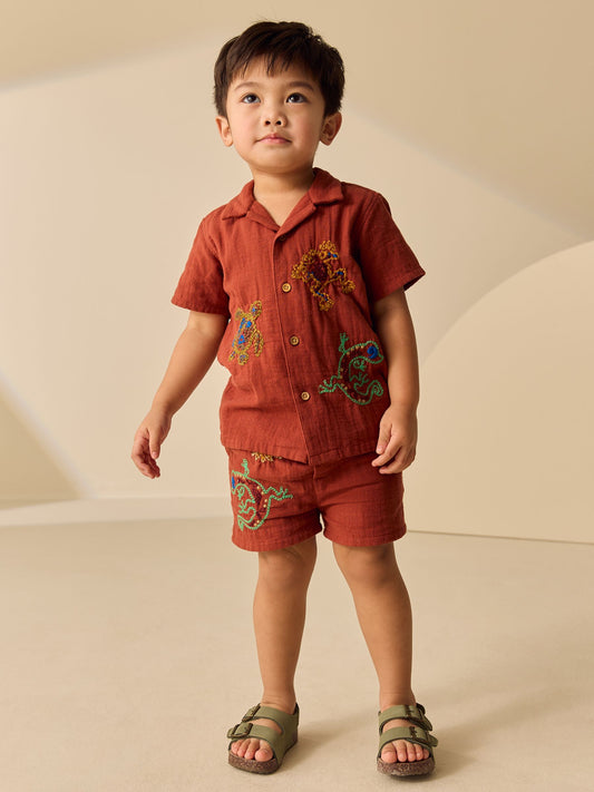 Rust Brown Ghecko Embroidery Short Sleeve Shirt & Shorts Set (3mths-10yrs) image 3