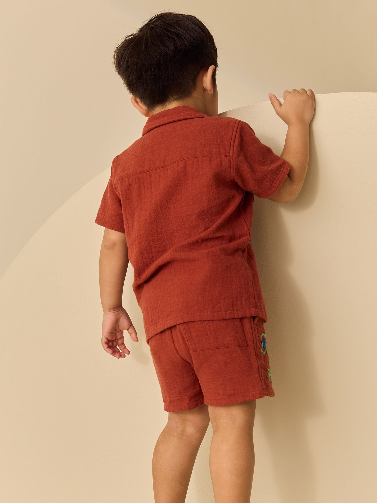 Rust Brown Ghecko Embroidery Short Sleeve Shirt & Shorts Set (3mths-10yrs) image 3
