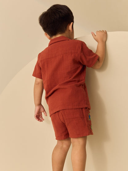 Rust Brown Ghecko Embroidery Short Sleeve Shirt & Shorts Set (3mths-10yrs) image 3