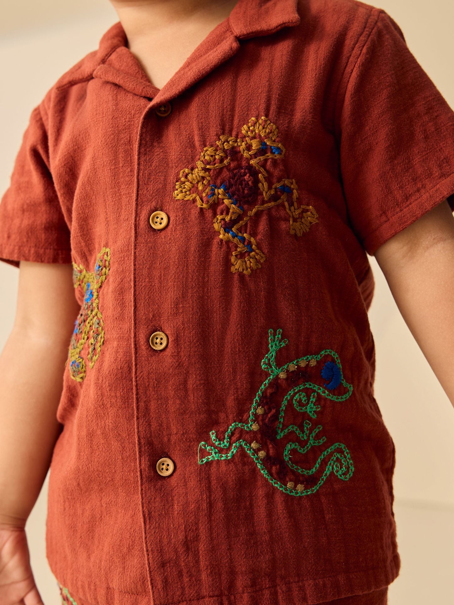 Rust Brown Ghecko Embroidery Short Sleeve Shirt & Shorts Set (3mths-10yrs) image 4