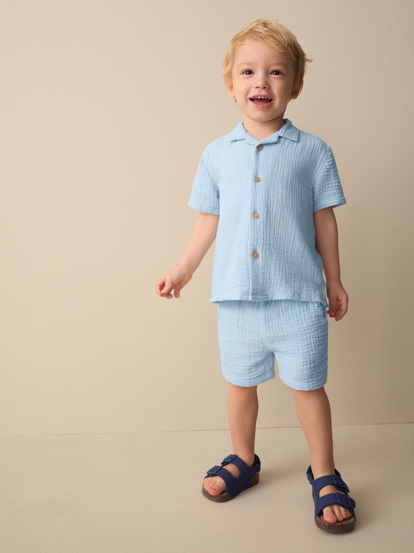 Light Blue Plain Short Sleeve Double Cloth Shirt & Shorts Set (3mths-10yrs) image 1