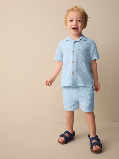 Light Blue Plain Short Sleeve Double Cloth Shirt & Shorts Set (3mths-10yrs) image 1