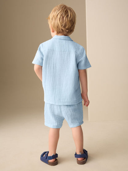 Light Blue Plain Short Sleeve Double Cloth Shirt & Shorts Set (3mths-10yrs) image 7