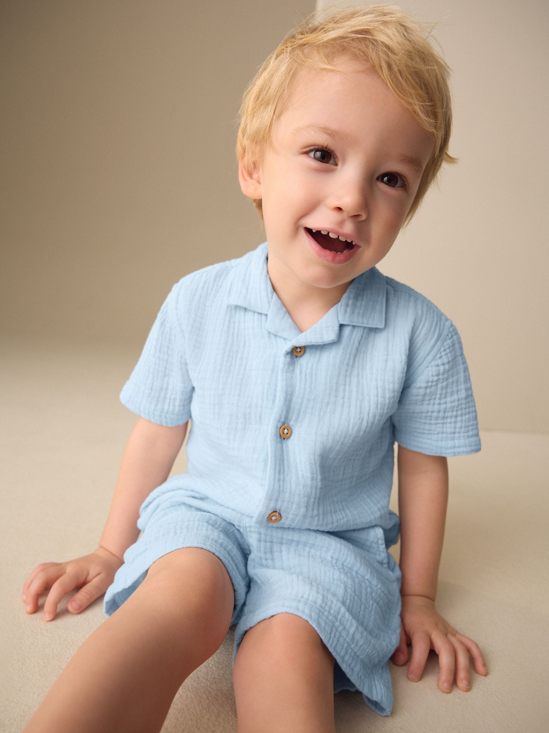 Light Blue Plain Short Sleeve Double Cloth Shirt & Shorts Set (3mths-10yrs) image 8