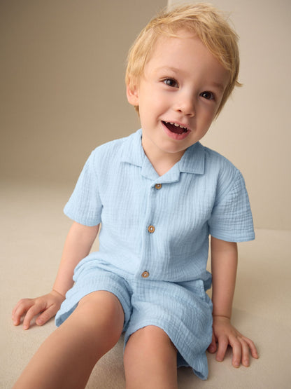Light Blue Plain Short Sleeve Double Cloth Shirt & Shorts Set (3mths-10yrs) image 8