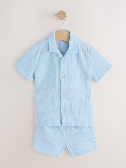Light Blue Plain Short Sleeve Double Cloth Shirt & Shorts Set (3mths-10yrs) image 10