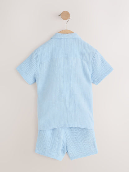 Light Blue Plain Short Sleeve Double Cloth Shirt & Shorts Set (3mths-10yrs) image 11