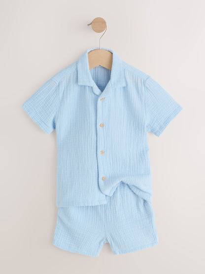 Light Blue Plain Short Sleeve Double Cloth Shirt & Shorts Set (3mths-10yrs) image 12