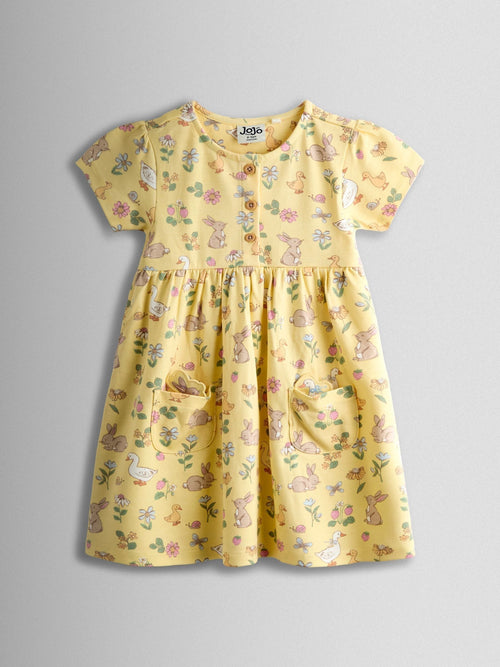 JoJo Maman Bébé Light Yellow Duck Bunny Button Down Pet In Pocket Dress image 1