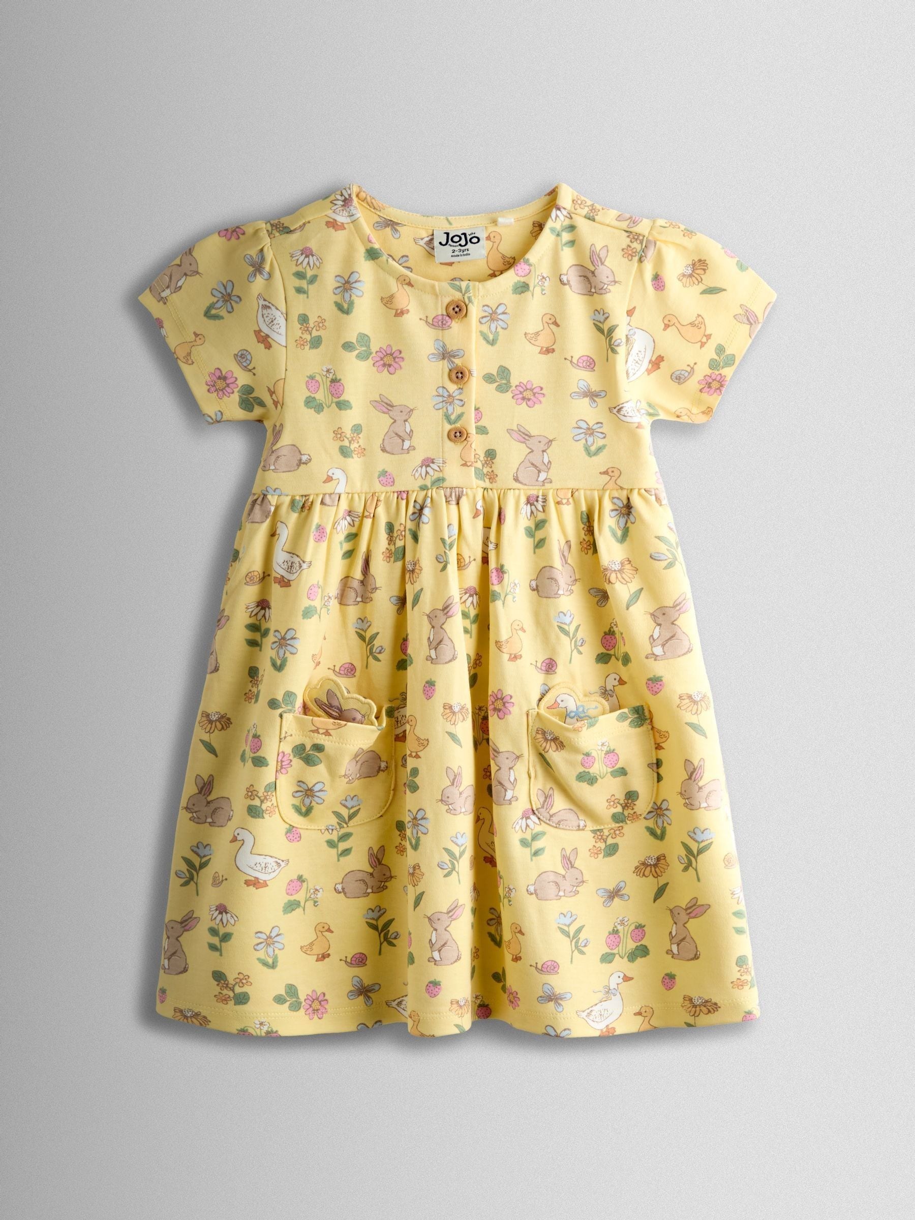 JoJo Maman Bébé Light Yellow Duck Bunny Button Down Pet In Pocket Dress image 1